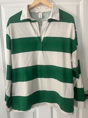 H&M Rugby Shirt Oversized  Long Sleeve Cream Green Y2K Stripes Sz Large
